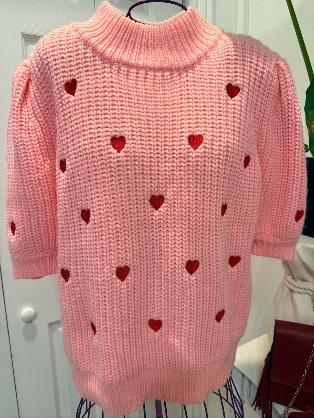 English Factory Pink Knit Turtleneck Sweater with Red Heart Accents